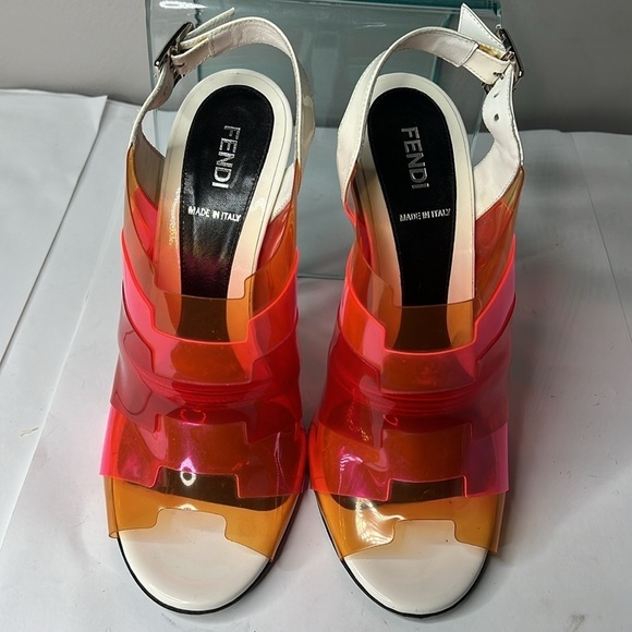 Fendi Sz 38 Multicolor Colorblock PVC Peep Toe Geometric Heels Sandals Shoes - Picture 4 of 11